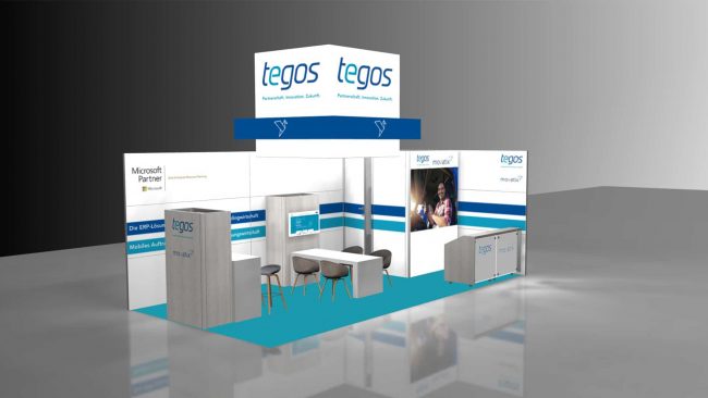 tegos-ifat-muenchen-2022 Messestand von tegos und movatix auf der IFAT 2022 mit Sitzgelegenheiten und Präsentationsflächen.