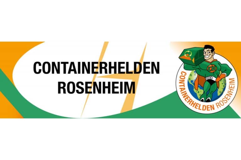 Logo der Containerhelden Rosenheim mit Comic-Superheld und Container. Die Containerhelden Rosenheim GmbH ist neuer Kunde der tegos Holding.