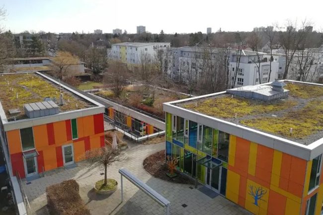 Bunte Gebäude der WKM GmbH mit begrünten Dächern auf dem Gelände der Stiftung Pfennigparade in München.