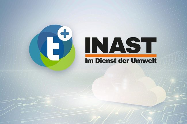 tegos-INAST-ERP-System-tegossuite Logos von tegossuite und INAST mit Hinweis auf cloudbasiertes ERP-System vor digitalem Hintergrund.
